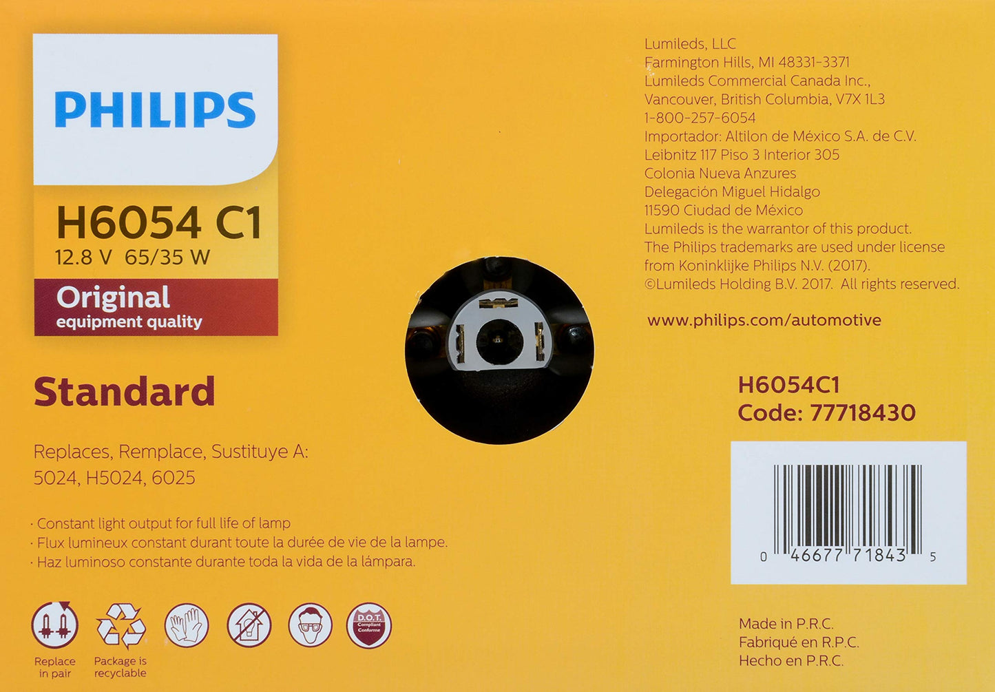 Philips H6054C1 Standard Halogen Sealed Beam headlamp, 1 Pack