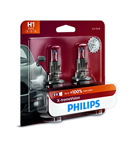Philips Automotive Lighting H1 X-tremeVision Upgrade Headlight Bulb with up to 100% More Vision, 2 Pack (12258XVB2)