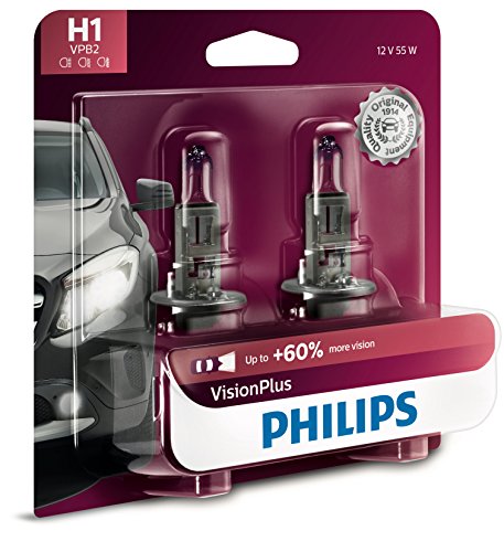 Philips Automotive Lighting H1 VisionPlus Deluxde Upgrade Automotive Replacement Headlight Bulb, Fits Select High Beam, Low Beam, or Fog Positions (Pack of 2)
