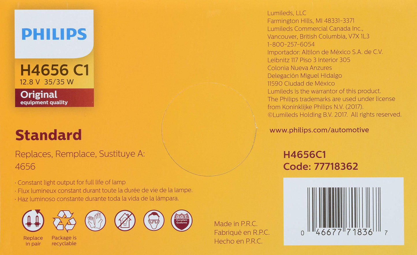 Philips H4656C1 Standard Halogen Sealed Beam headlamp, 1 Pack