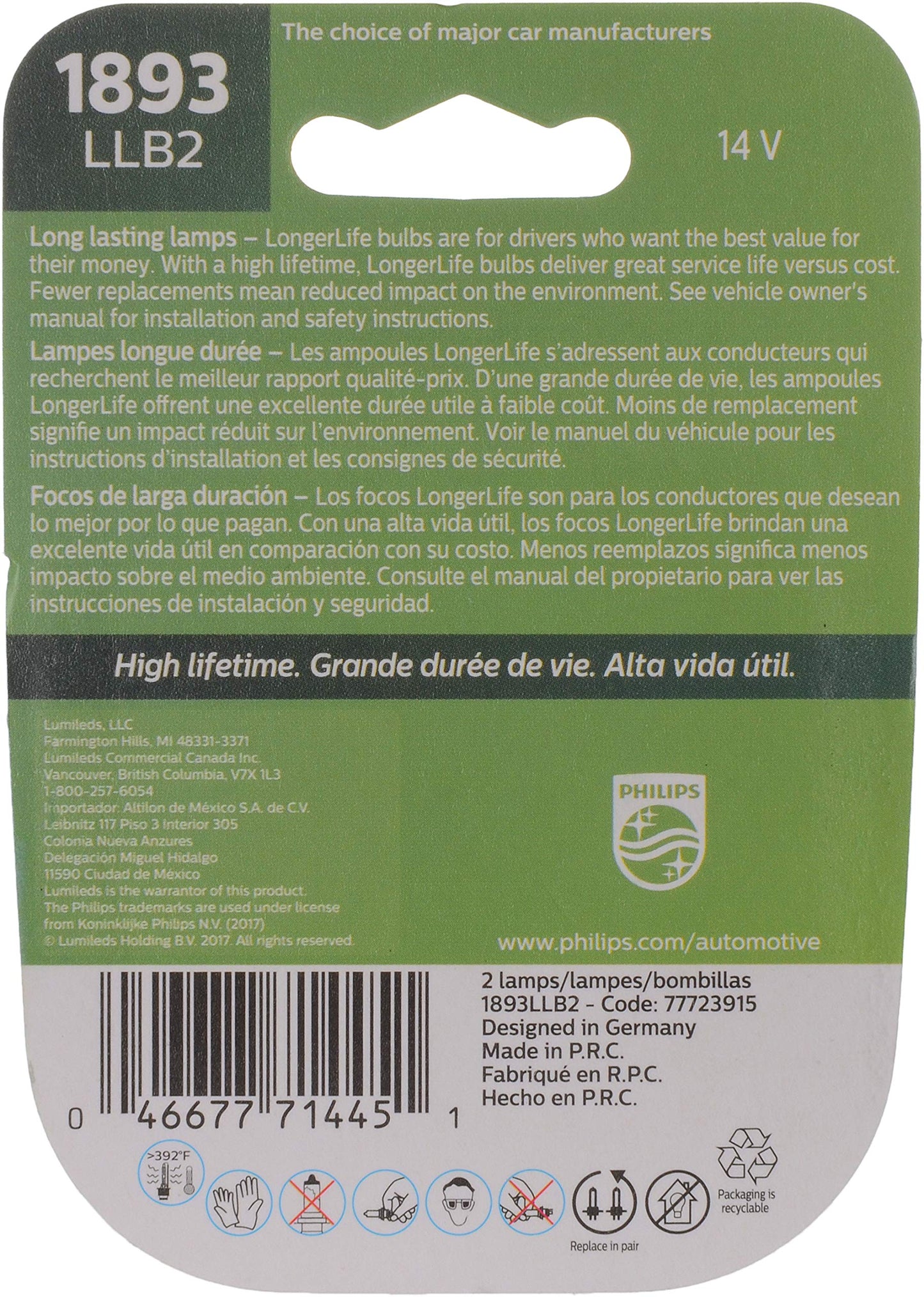 Philips Automotive Lighting 1893 LongerLife Miniature Bulb, 2 Pack, (1893LLB2)