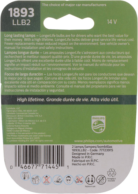 Philips Automotive Lighting 1893 LongerLife Miniature Bulb, 2 Pack, (1893LLB2)
