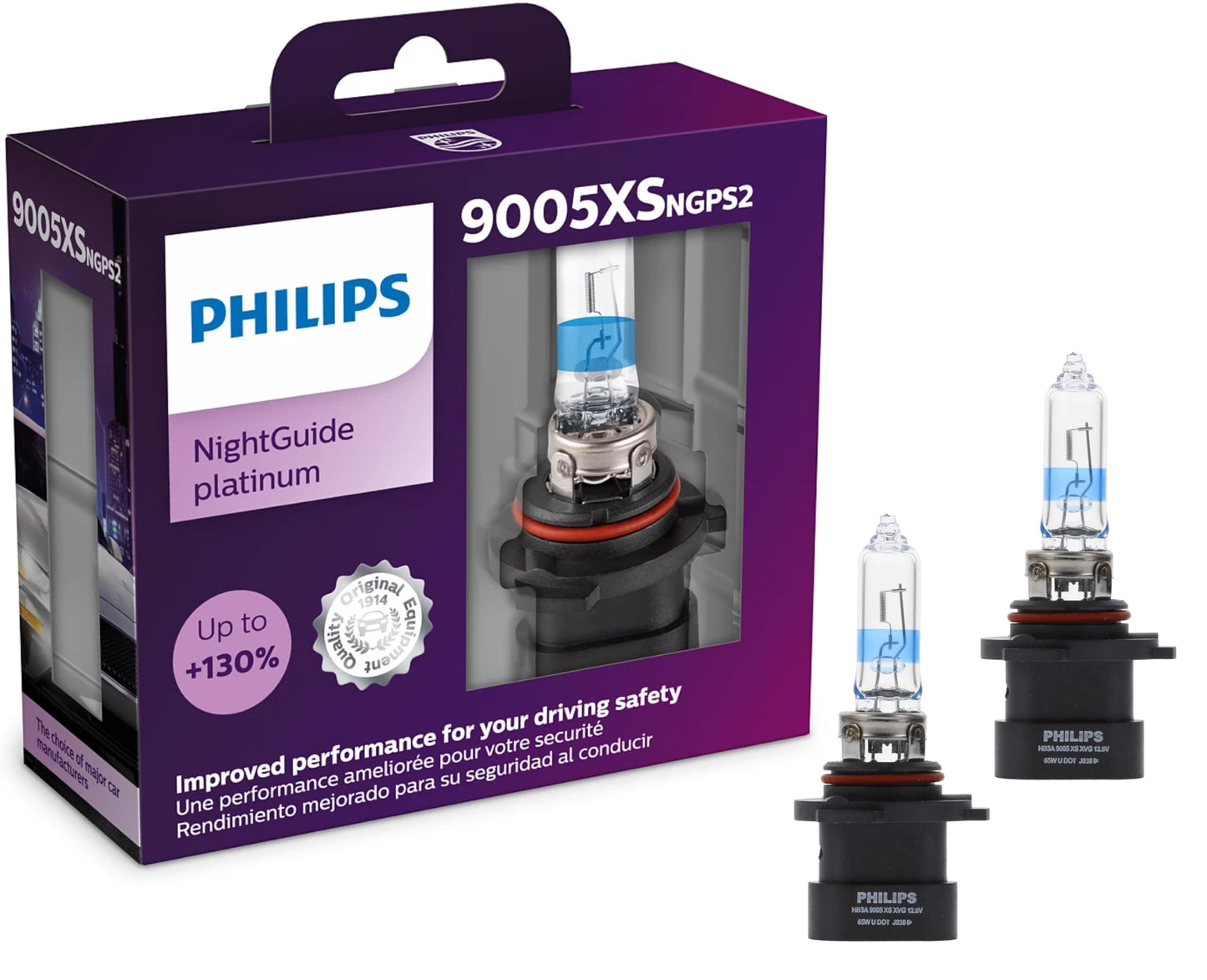 Philips Automotive Lighting 9005XS NightGuide Platinum Premium Upgrade Automotive Replacement Headlight Bulb, Fits Select High Beam, Low Beam, and Fog Positions (Pack of 2)