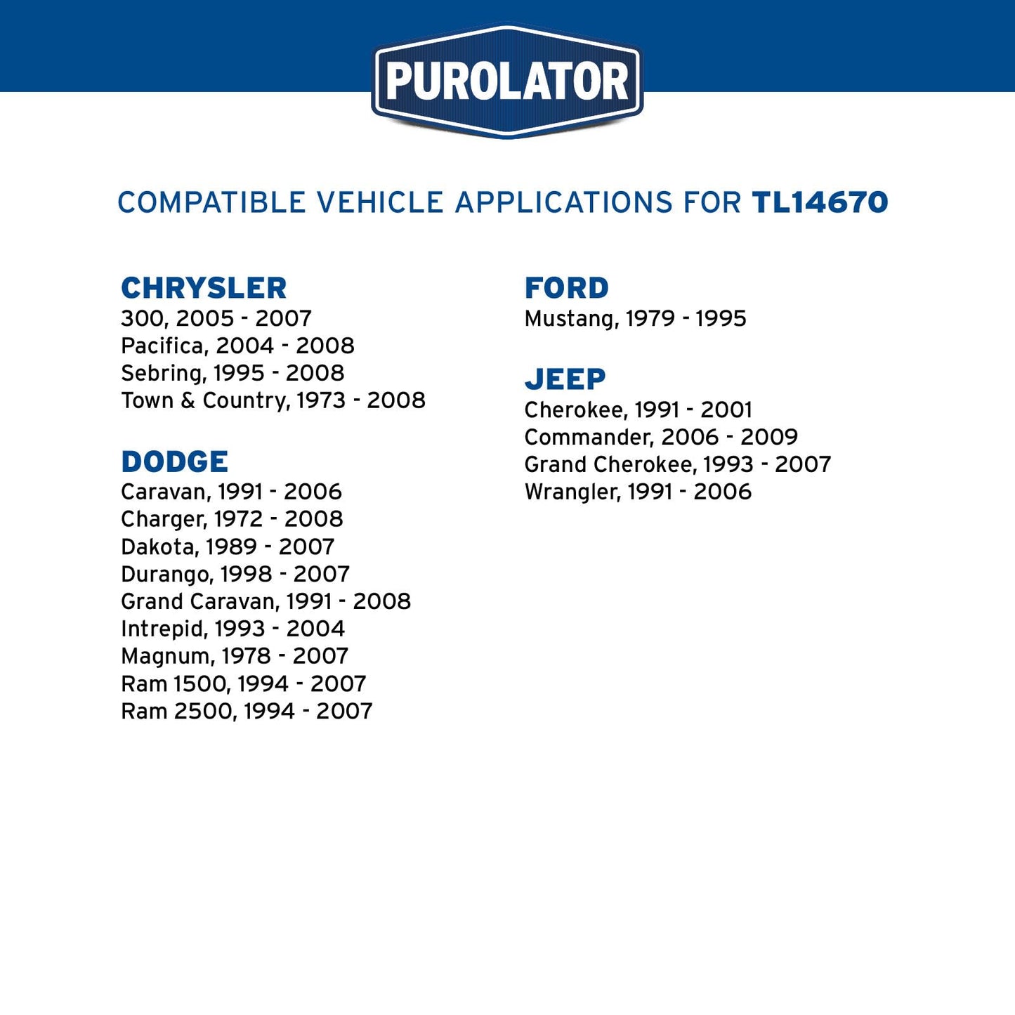 Purolator TL14670 PurolatorTECH Spin On Oil Filter Compatible With Dodge Ram 1500, Dakota, Grand Caravan, Durango, Jeep Wrangler, Grand Cherokee and Chrysler Town & Country