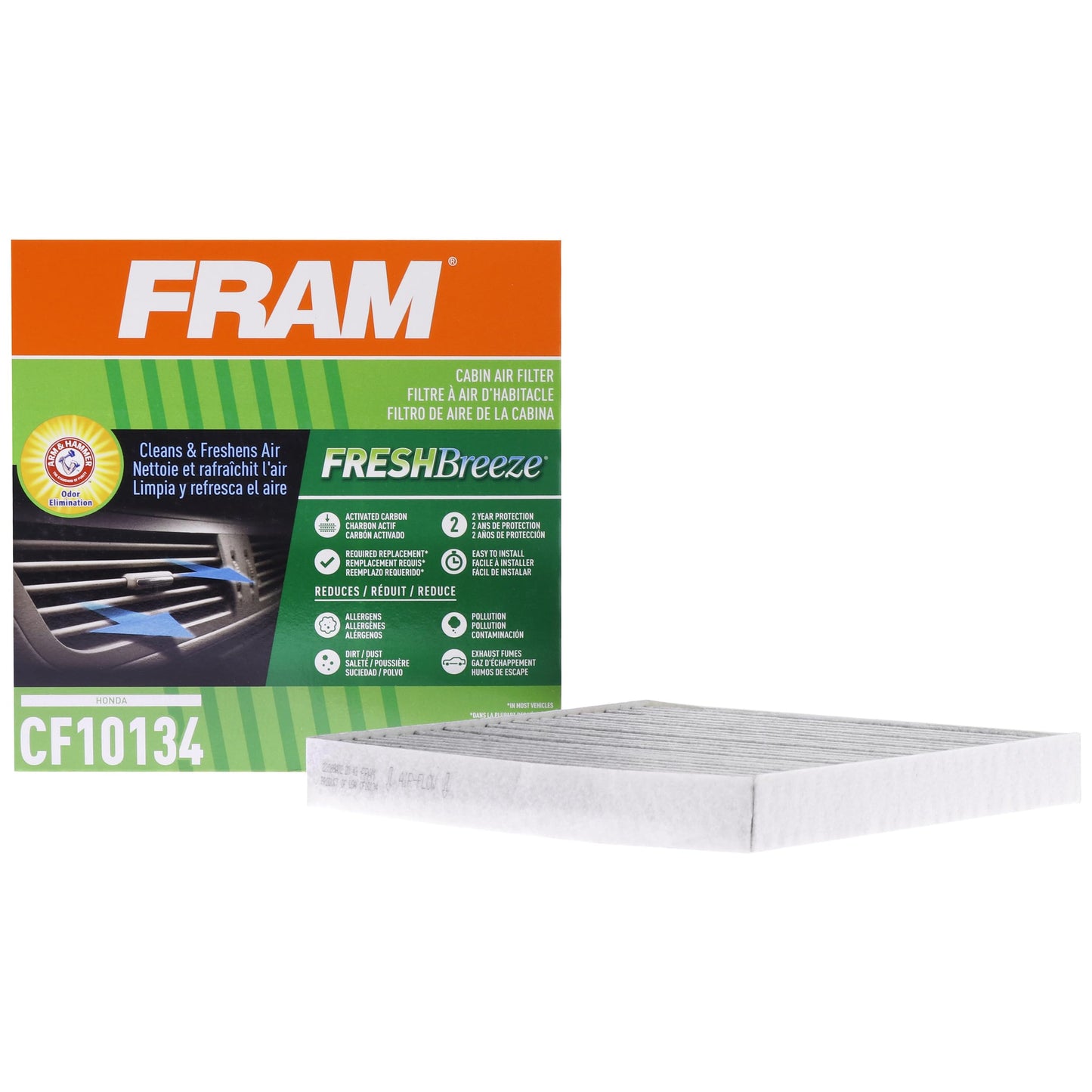 FRAM Fresh Breeze Cabin Air Filter Replacement for Car Passenger Compartment w/ Arm and Hammer Baking Soda, Easy Install, CF10134 for Honda Vehicles, white