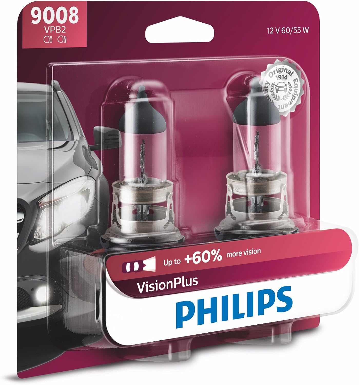 Philips Automotive Lighting 9008 / H13 VisionPlus Upgrade Headlight Bulb with up to 60% More Vision, 2 Pack (9008VPB2)