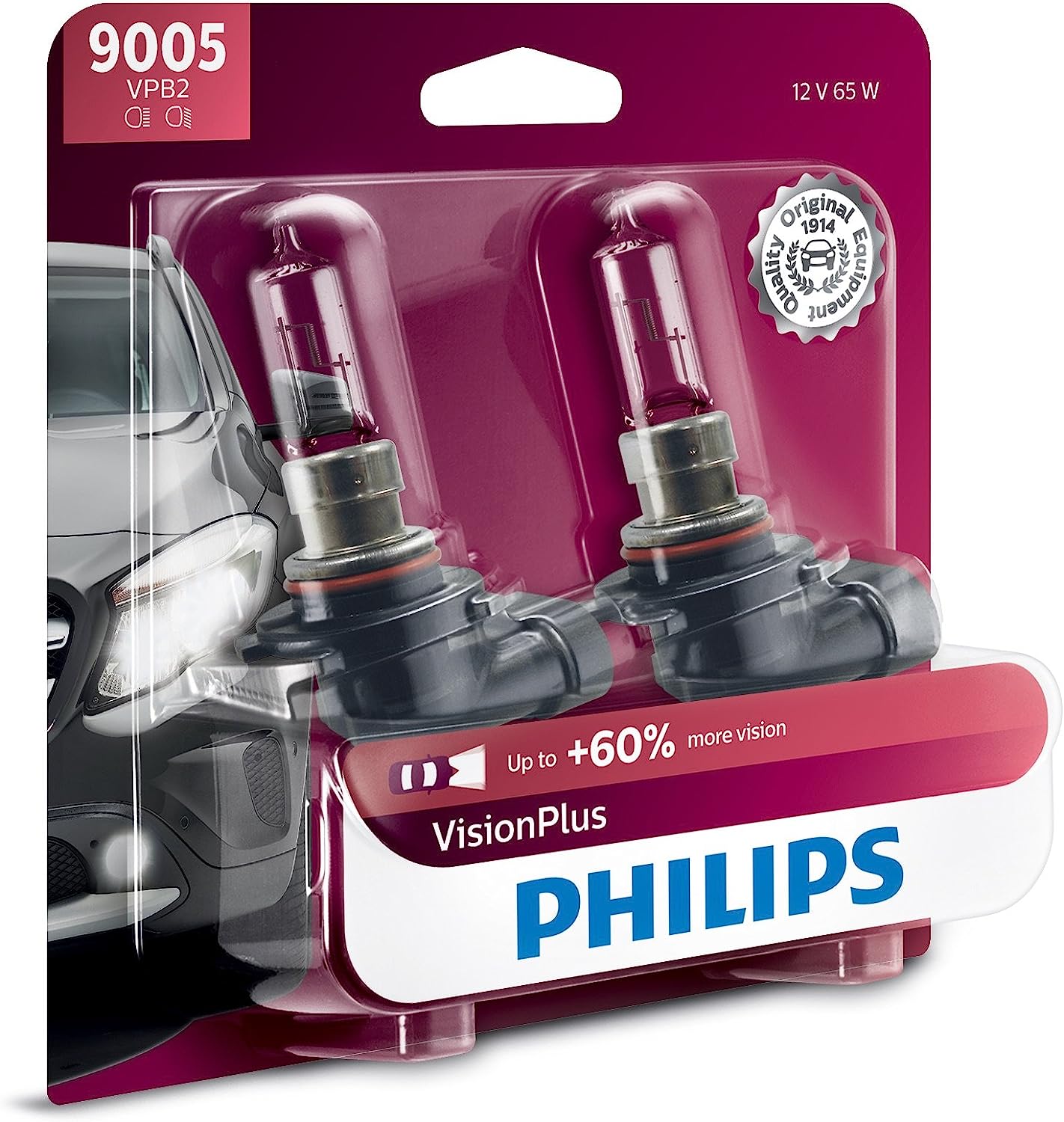Philips Automotive Lighting 9005 VisionPlus Upgraded Headlight with up to 60% More Vision, 2 Pack