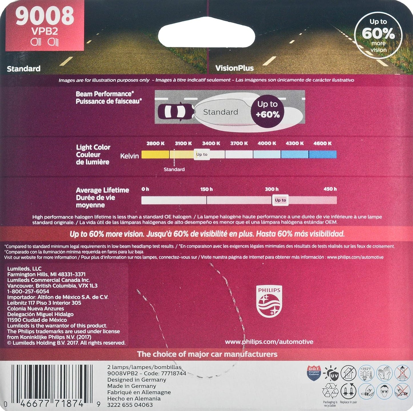 Philips Automotive Lighting 9008 / H13 VisionPlus Upgrade Headlight Bulb with up to 60% More Vision, 2 Pack (9008VPB2)